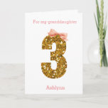 Pink Bow and Gold Glitter 3rd Birthday Card<br><div class="desc">A modern 3rd birthday card featuring a gold glitter number three with a pink bow. Please note there is not actual glitter, but a glitter design effect. You will be able to easily personalise the front with the recipient and the birthday girl's name in a soft pink colour. There is...</div>