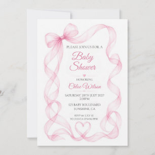Pink Bow and Heart Baby Girl Shower Invitation