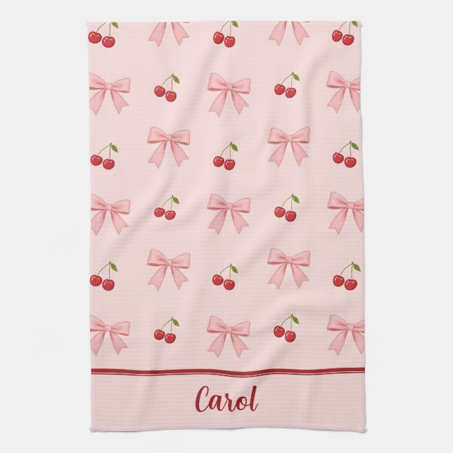 Pink Bow and Red Cherry Coquette Aesthetic Tea Towel (Vertical)
