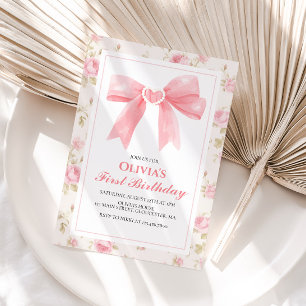 Pink Bow and Roses Coquette 1st birthday Invitation
