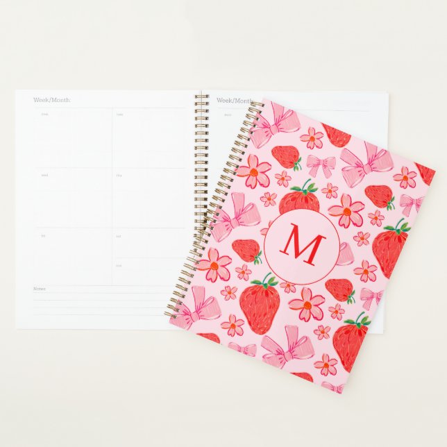 Pink Bow and Strawberry Coquette Pattern Monogram Planner (Display)