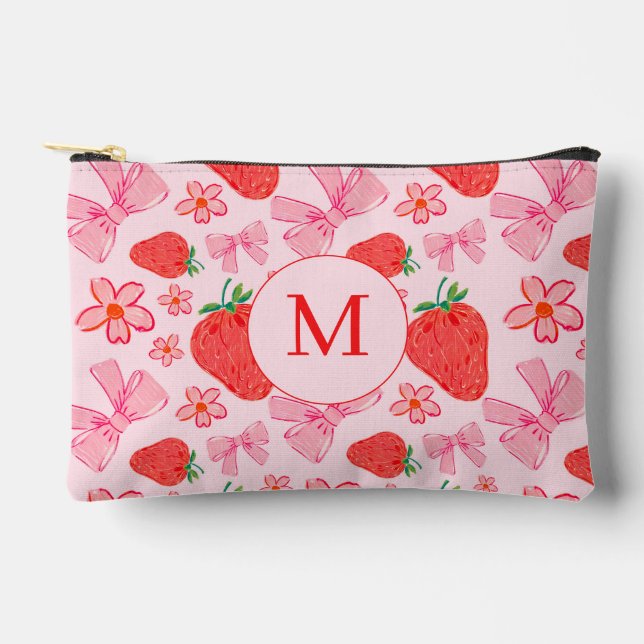 Pink Bow and Strawberry Girly Pattern Monogram Accessory Pouch (Front)