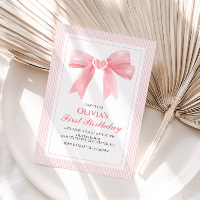 Pink Bow and Stripes Coquette 1st birthday Invitation (Creator Uploaded)
