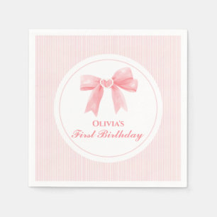 Pink Bow and Stripes Coquette 1st birthday Napkin