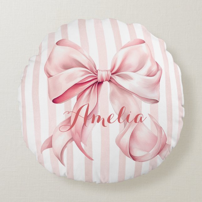 Pink Bow and Stripes Personalized Round Cushion (Front)