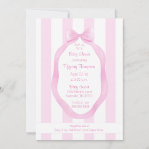 Pink Bow and Wallpaper Stripes Girl Baby Shower Invitation