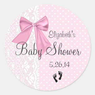 Pink Bow and White Lace Baby Shower Favour Classic Round Sticker