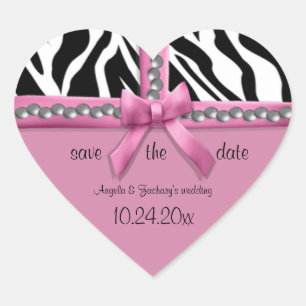 Pink Bow And White Zebra Stripes With Pearls Heart Sticker