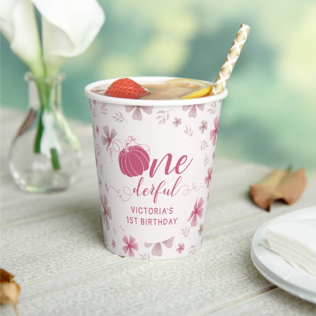 PINK BOW & ARCH FALL PUMPKIN FLOWERS BIRTHDAY PAPER CUPS (Insitu)