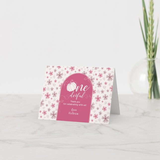 PINK BOW & ARCH FALL PUMPKIN FLOWERS BIRTHDAY THANK YOU CARD (Front)