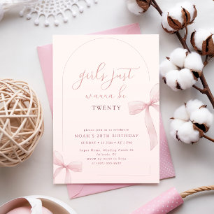 Pink Bow Arch Girls Just Wanna Be 20th Birthday Invitation