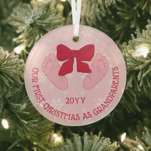 Pink Bow Baby Feet Grandparents First Christmas Glass Tree Decoration