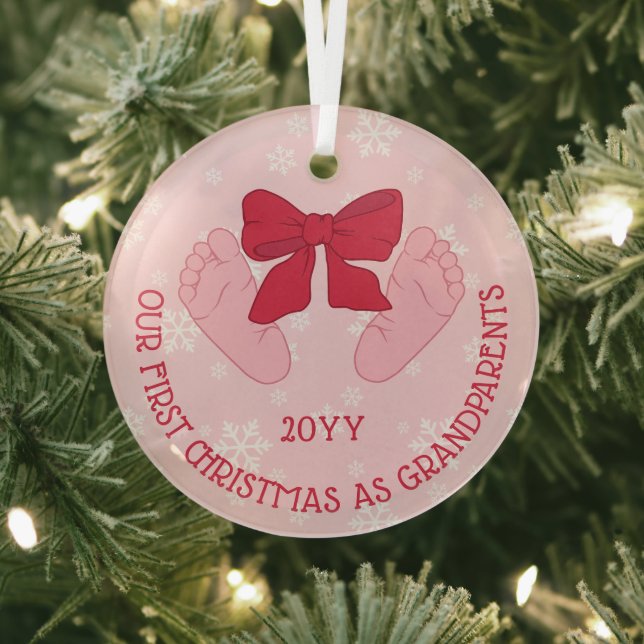 Pink Bow Baby Feet Grandparents First Christmas Glass Tree Decoration (Insitu)