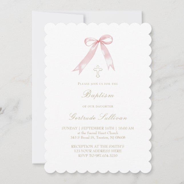 pink bow baby girl Baptism Invitation (Front)