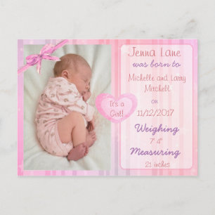 Pink Bow Baby Girl Birth Announcement Postcard