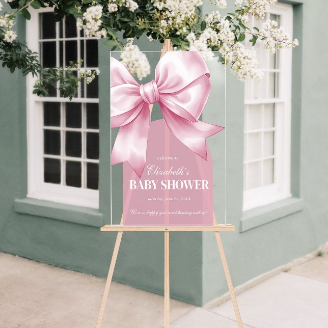 Pink Bow Baby Girl Elegant Baby Shower Welcome Acrylic Sign (Pink Bow Baby Girl Elegant Baby Shower Welcome Acrylic Sign)