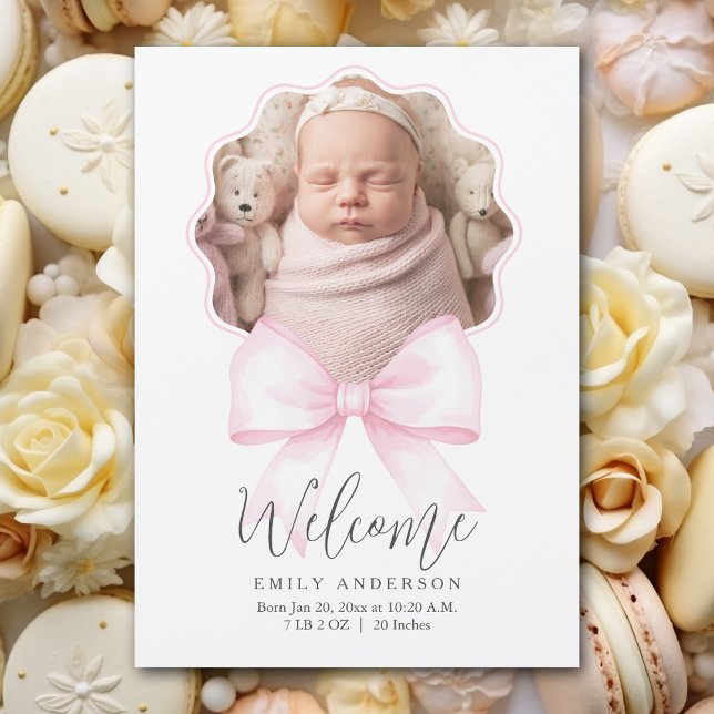 Pink Bow Baby Girl Photo Birth Announcement (Creator Uploaded)