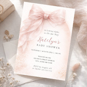 Pink Bow Baby Girl Shower Blush Watercolor Invitation