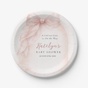 Pink Bow Baby Girl Shower Blush Watercolor Paper Plate