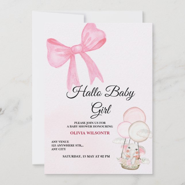 Pink Bow Baby Girl Shower Invitation (Front)