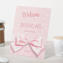 Pink Bow Baby Girl with Polka Dot Welcome Sign