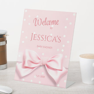Pink Bow Baby Girl with Polka Dot Welcome Sign
