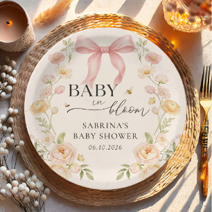 Pink Bow Baby in Bloom Baby Shower Paper Plate