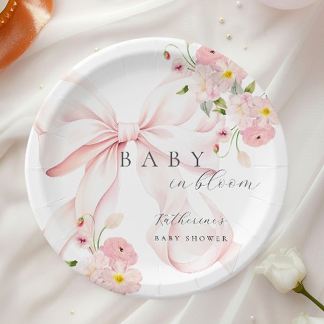 Pink Bow Baby In Bloom Baby Shower Paper Plate (Creator Uploaded)