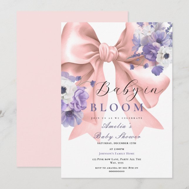 Pink Bow Baby in Bloom Baby Shower Purple Floral Invitation (Front/Back)