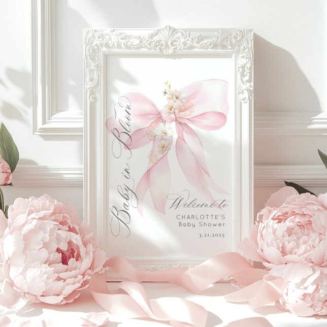 Pink Bow Baby in Bloom Baby shower Welcome Poster (Creator Uploaded)