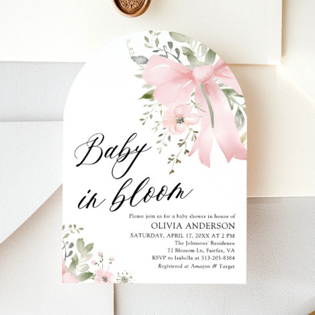 Pink Bow Baby in Bloom Floral Baby Shower Arch Invitation (Watercolor Pink Bow Baby in Bloom Floral Girl Arch Baby Shower Invitation)
