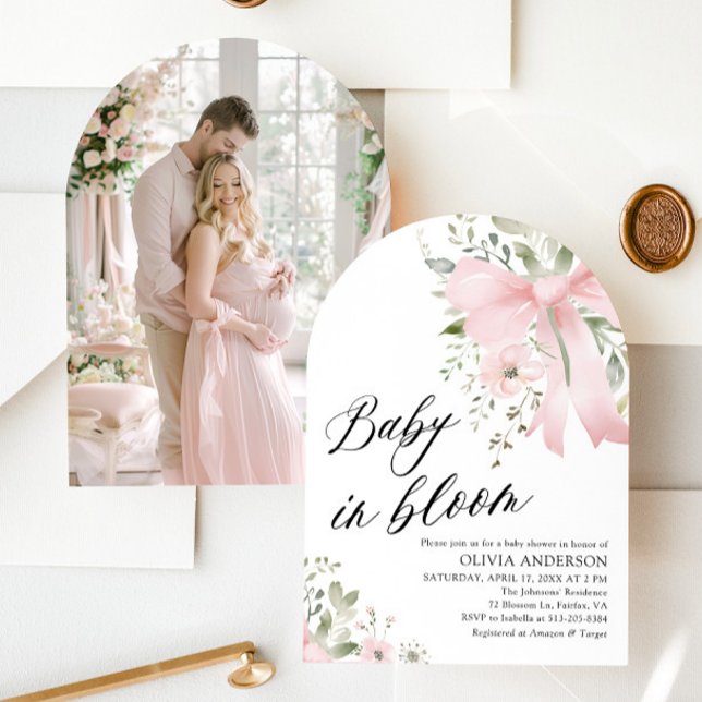 Pink Bow Baby in Bloom Floral Baby Shower Arch Invitation (Watercolor Pink Bow Baby in Bloom Floral Girl Arch Baby Shower Invitation)