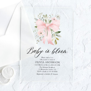 Pink Bow Baby in Bloom Floral Girl Baby Shower Acrylic Invitations