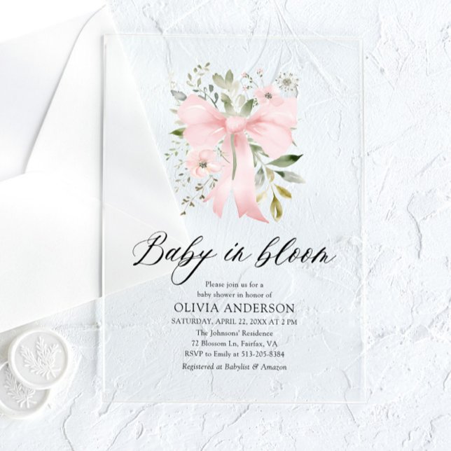 Pink Bow Baby in Bloom Floral Girl Baby Shower Acrylic Invitations (Creator Uploaded)