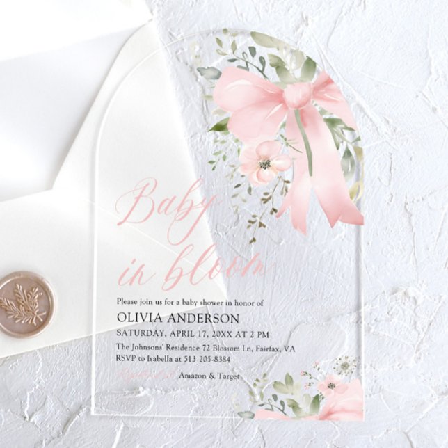 Pink Bow Baby in Bloom Floral Girl Baby Shower Acrylic Invitations (Creator Uploaded)