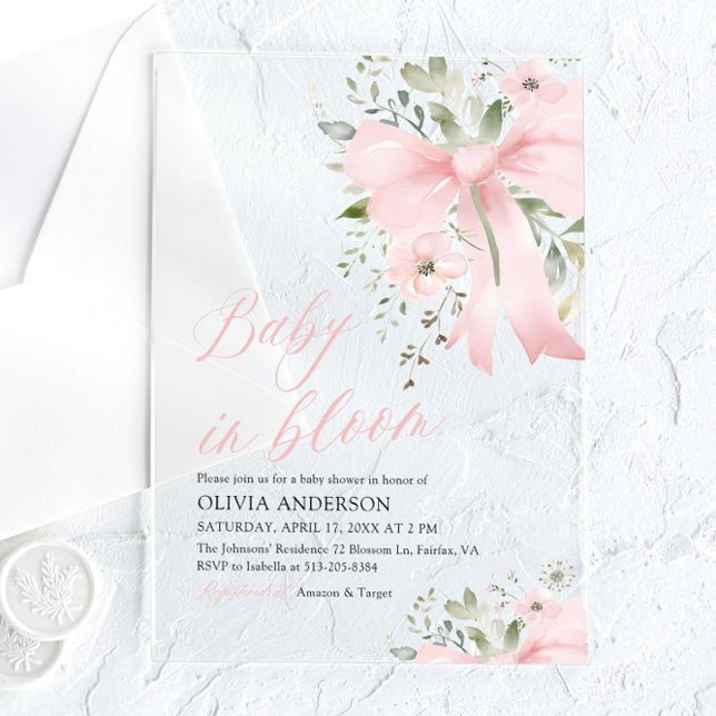Pink Bow Baby in Bloom Floral Girl Baby Shower Acrylic Invitations (Creator Uploaded)