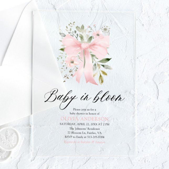 Pink Bow Baby in Bloom Floral Girl Baby Shower Acrylic Invitations (Creator Uploaded)