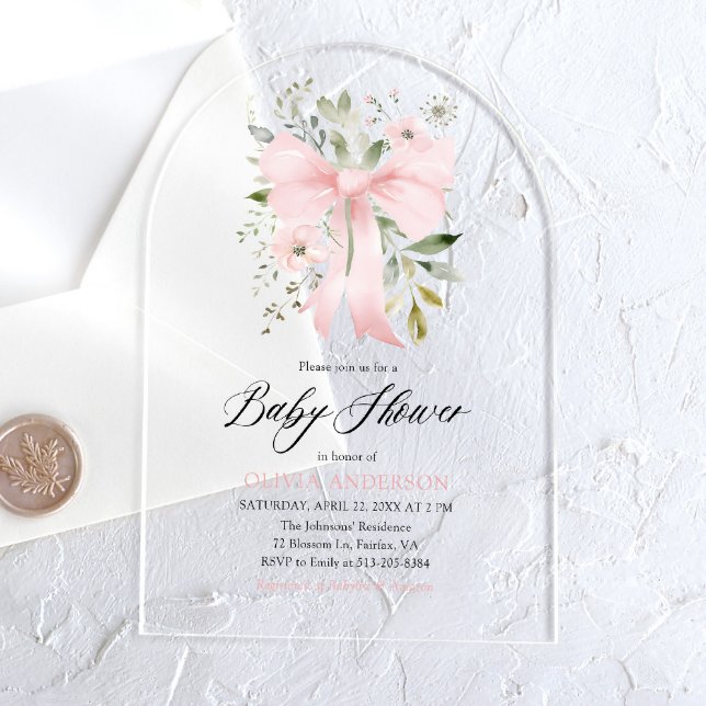 Pink Bow Baby in Bloom Floral Girl Baby Shower Acrylic Invitations (Creator Uploaded)