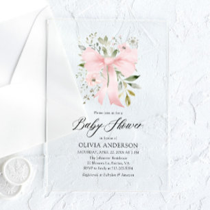 Pink Bow Baby in Bloom Floral Girl Baby Shower Acrylic Invitations