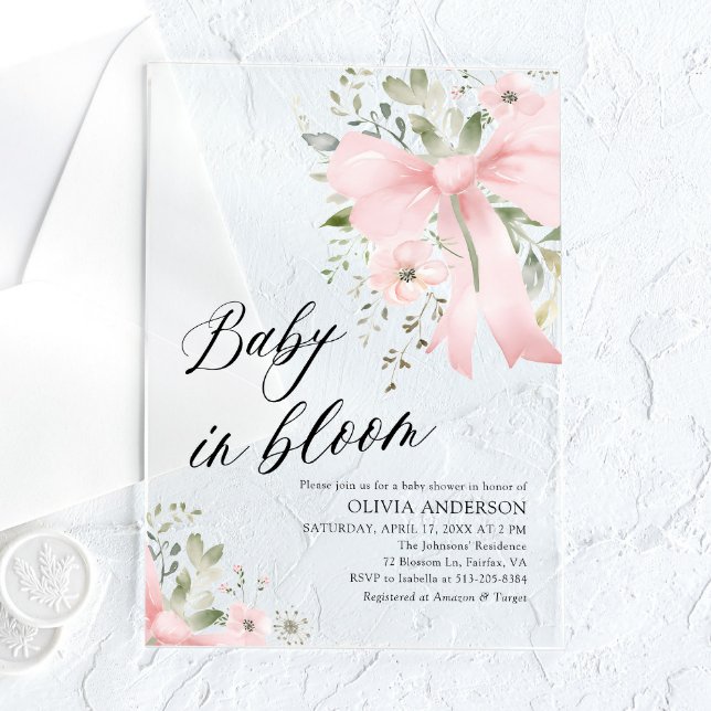 Pink Bow Baby in Bloom Floral Girl Baby Shower Acrylic Invitations (Watercolor Pink Bow Baby in Bloom Floral Girl Baby Shower Acrylic Invitations)