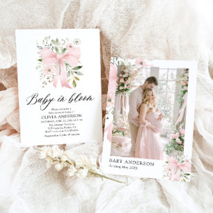 Pink Bow Baby in Bloom Floral Girl Baby Shower Invitation