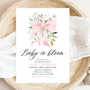 Pink Bow Baby in Bloom Floral Girl Baby Shower Invitation