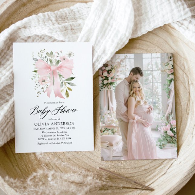 Pink Bow Baby in Bloom Floral Girl Baby Shower Invitation (Blush Pink Bow Floral Girl Baby Shower Invitation)