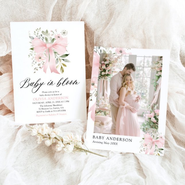 Pink Bow Baby in Bloom Floral Girl Baby Shower Invitation (Blush Pink Bow Floral Baby in Bloom Girl Baby Shower Invitation)