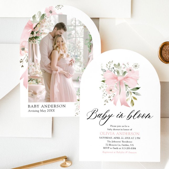 Pink Bow Baby in Bloom Floral Girl Baby Shower Invitation (Blush Pink Bow Floral Baby in Bloom Girl Baby Shower Arched Invitation)