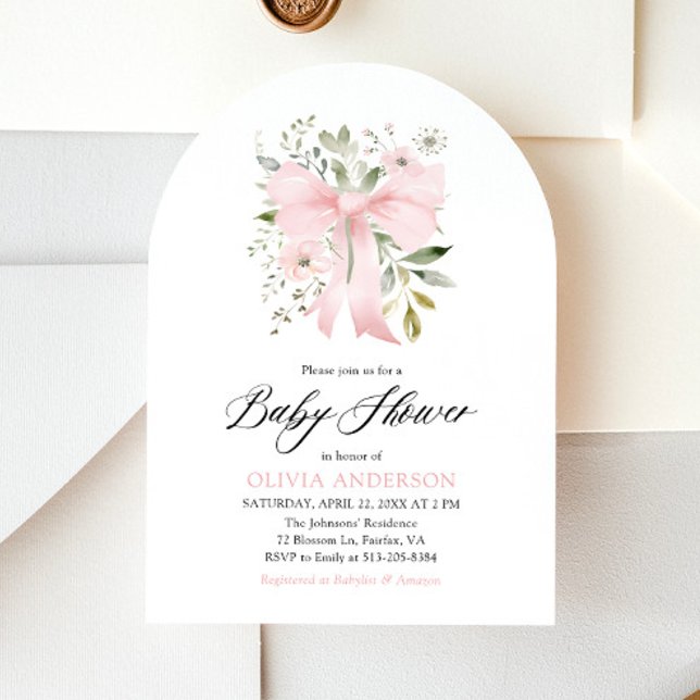 Pink Bow Baby in Bloom Floral Girl Baby Shower Invitation (Watercolor Blush Pink Bow Floral Girl Baby Shower Arched Invitation)