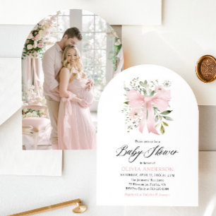 Pink Bow Baby in Bloom Floral Girl Baby Shower Invitation