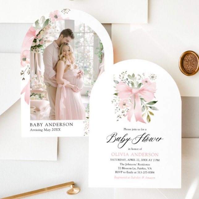 Pink Bow Baby in Bloom Floral Girl Baby Shower Invitation (Watercolor Blush Pink Bow Floral Girl Baby Shower Arched Invitation)