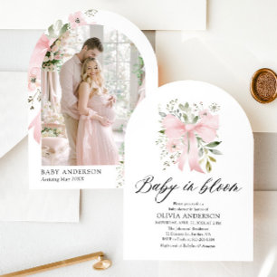 Pink Bow Baby in Bloom Floral Girl Baby Shower Invitation