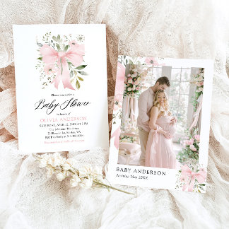 Pink Bow Baby in Bloom Floral Girl Baby Shower Invitation